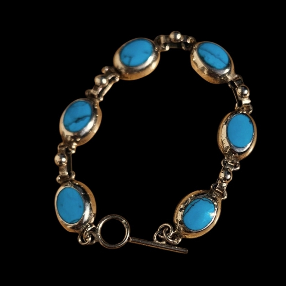 Vintage Mexico 925 Sterling Turquoise Cabochon 7" Bracelet